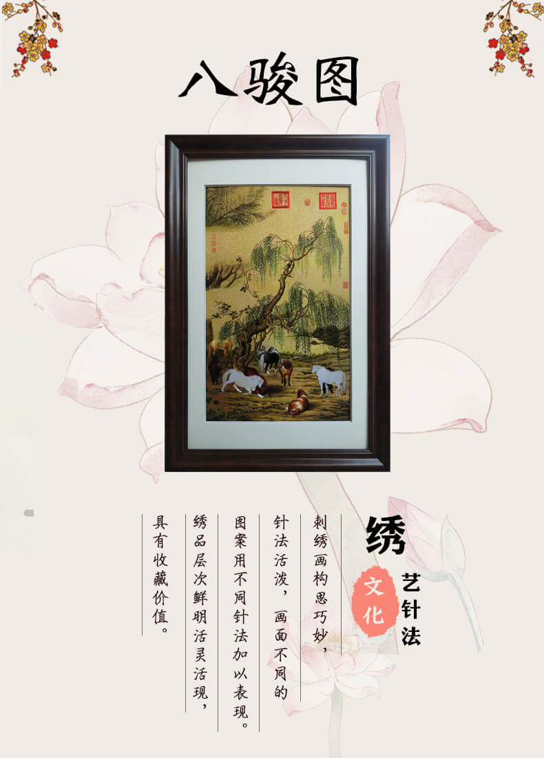 手工刺绣苏绣宝应乱针绣八骏图手工刺绣画| 江苏绣达人工艺品有限公司