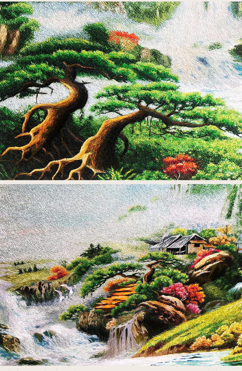 山水永相连手工刺绣装饰画