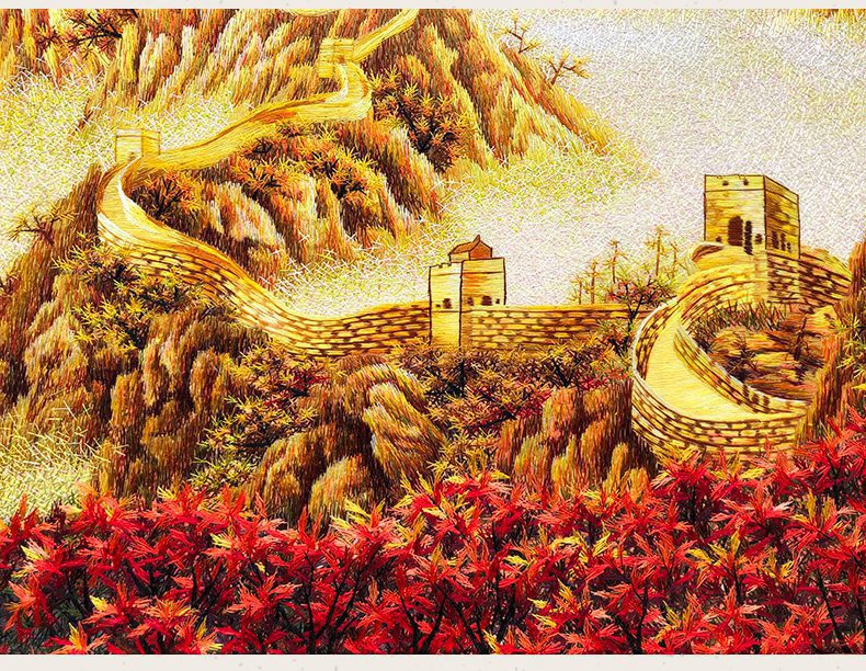 乱针绣长城万里宝应绣苏绣手工刺绣装饰画