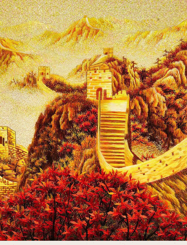乱针绣长城万里宝应绣苏绣手工刺绣装饰画